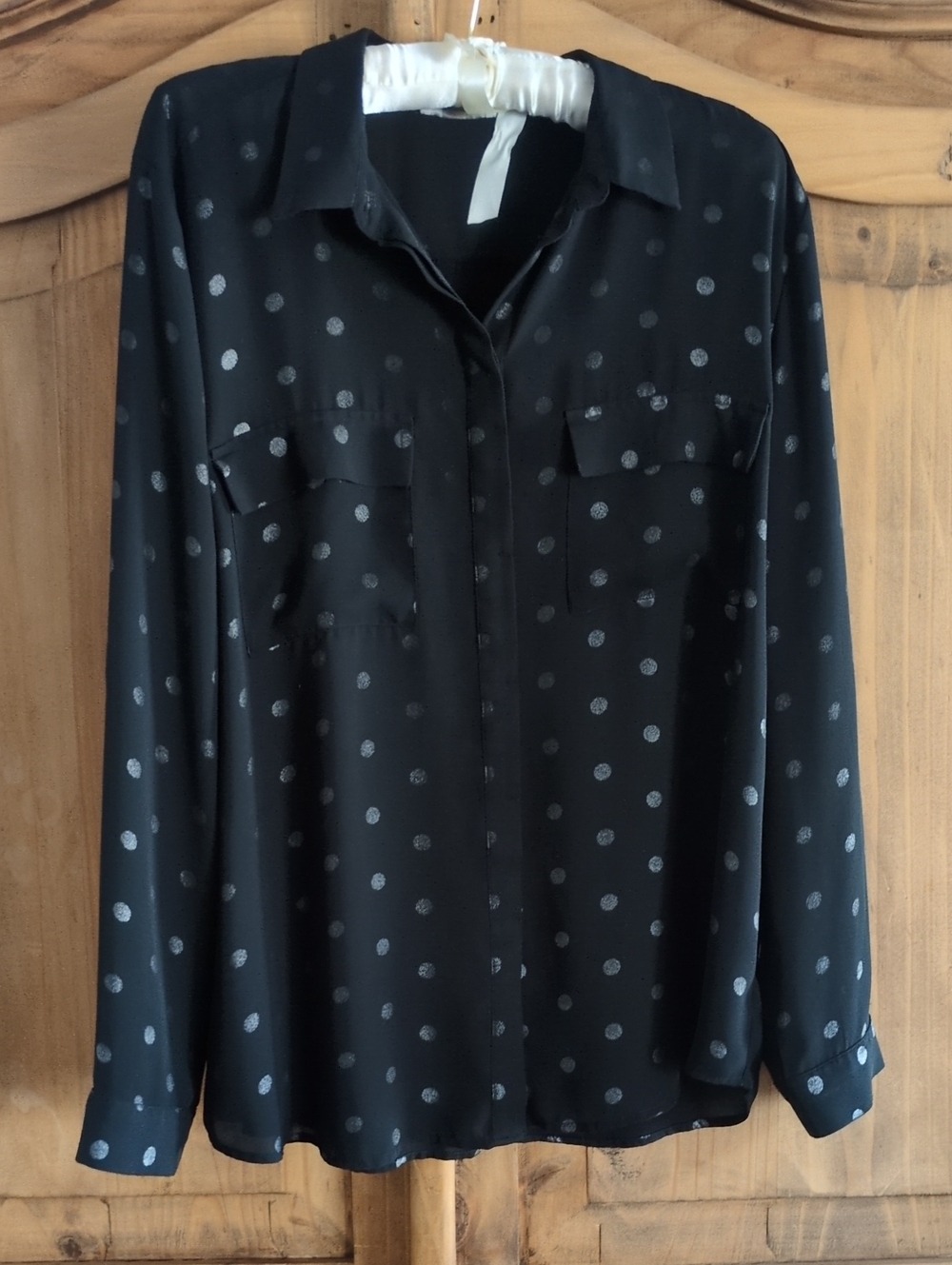 LOFT Black Blouse with Silver Polka Dots